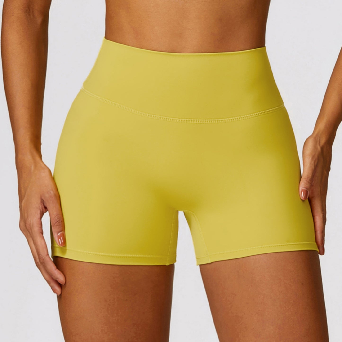 Shaved high waisted yoga shorts, cinching belly, peach lifting buttocks, running and fitness pants, tight fitting sports shorts