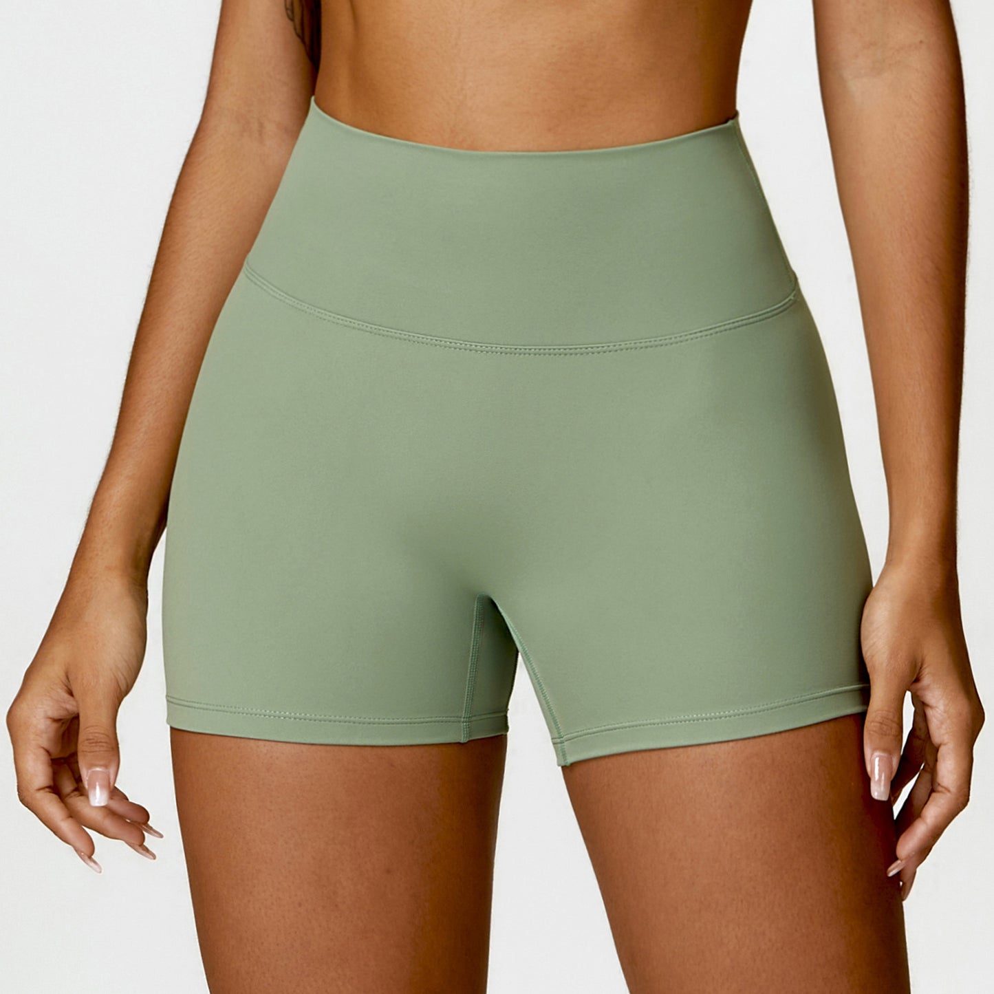 Shaved high waisted yoga shorts, cinching belly, peach lifting buttocks, running and fitness pants, tight fitting sports shorts