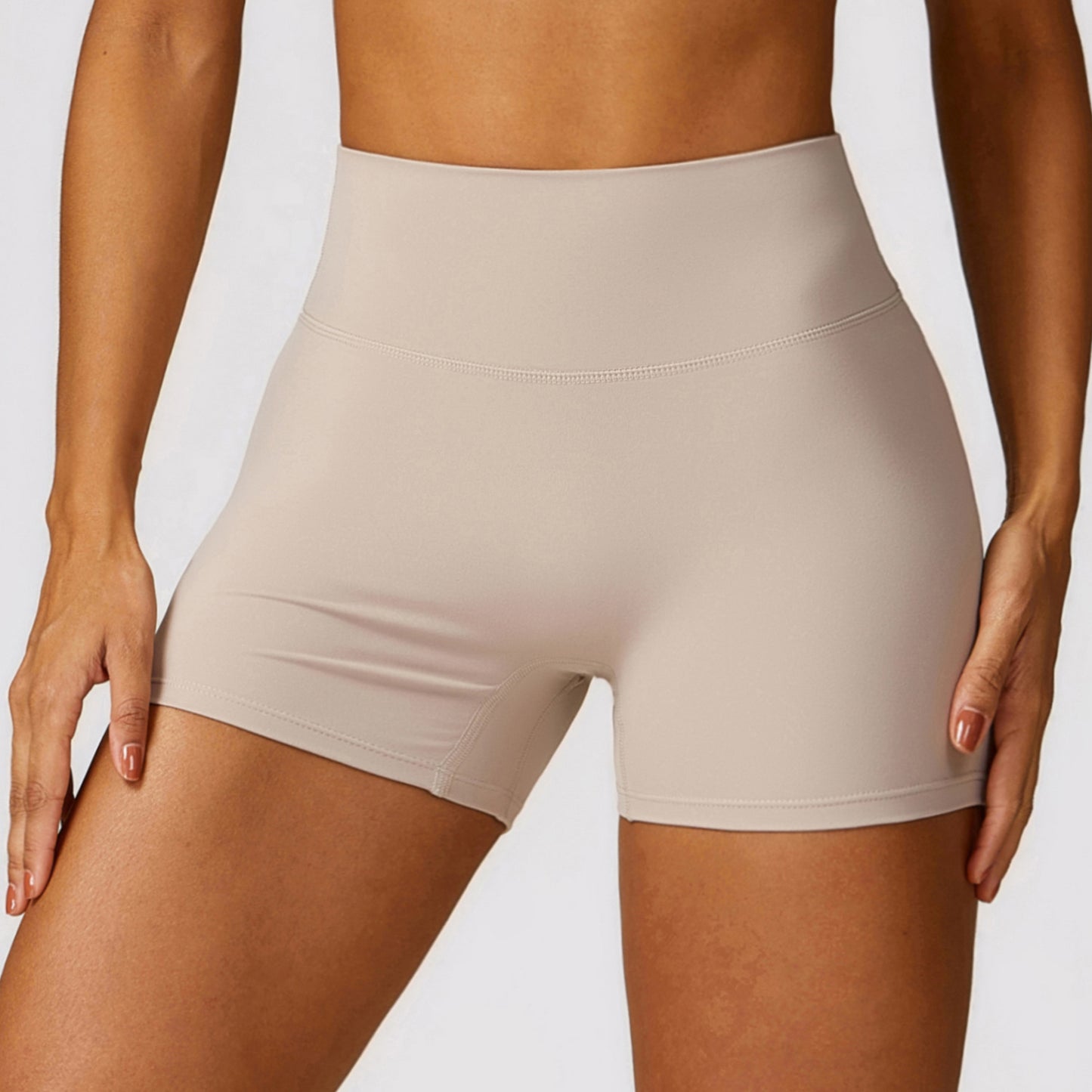 Shaved high waisted yoga shorts, cinching belly, peach lifting buttocks, running and fitness pants, tight fitting sports shorts