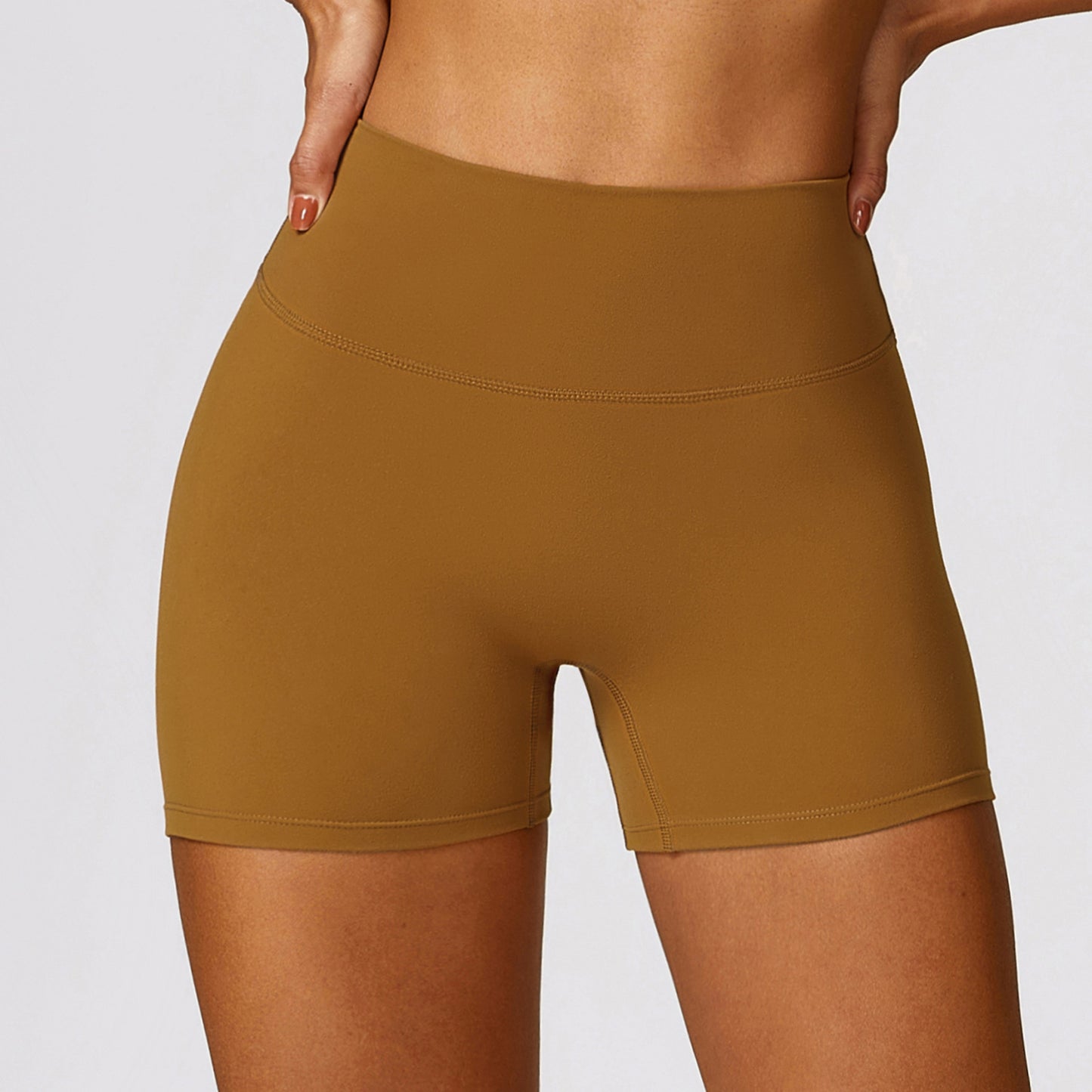 Shaved high waisted yoga shorts, cinching belly, peach lifting buttocks, running and fitness pants, tight fitting sports shorts