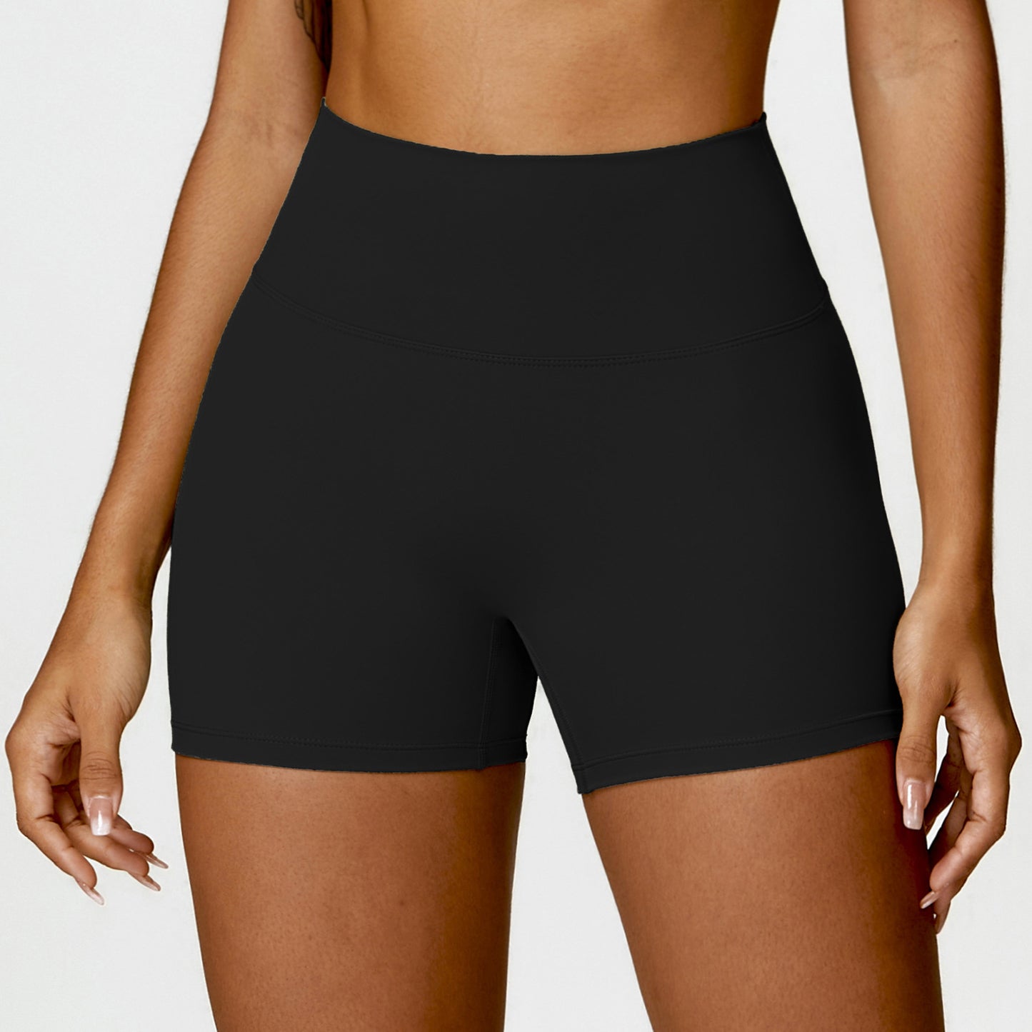 Shaved high waisted yoga shorts, cinching belly, peach lifting buttocks, running and fitness pants, tight fitting sports shorts