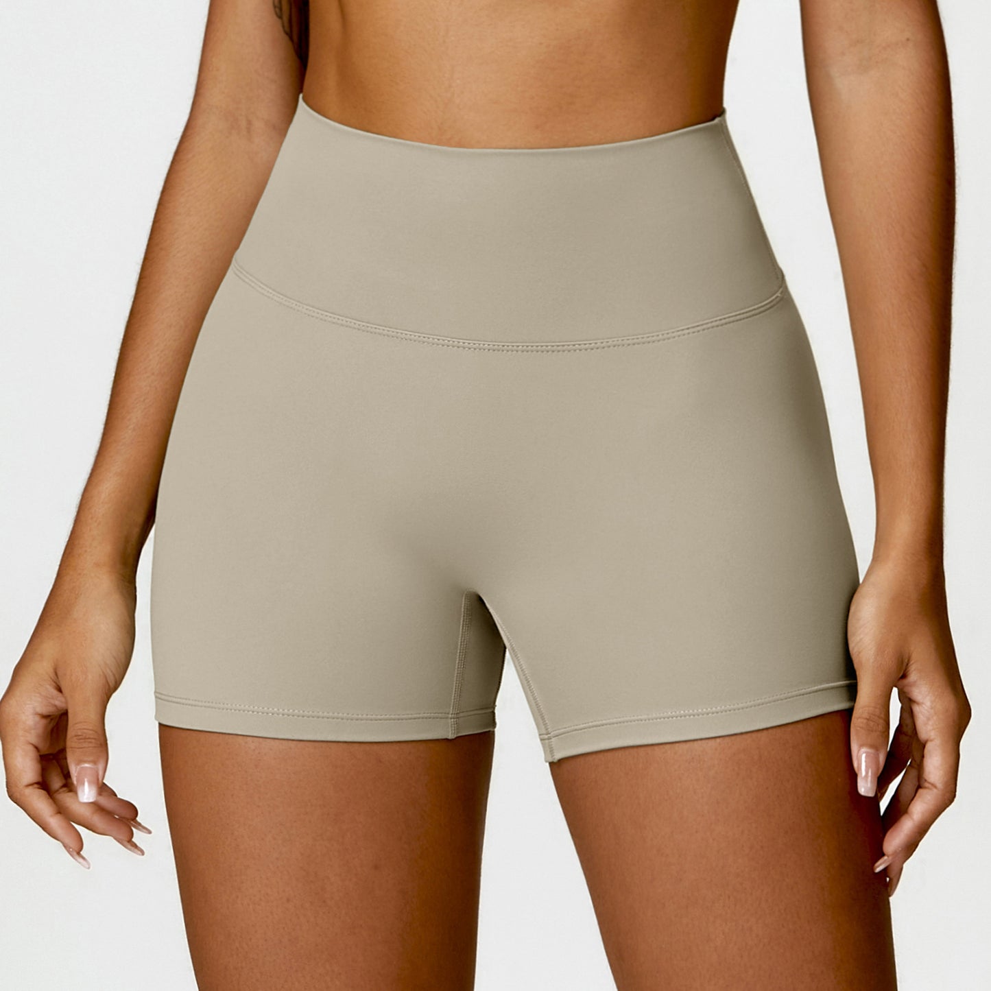 Shaved high waisted yoga shorts, cinching belly, peach lifting buttocks, running and fitness pants, tight fitting sports shorts